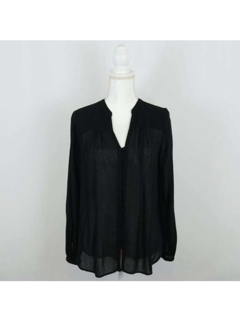 Lucky Brand Women's Small Black Semi-Sheer Pleated V-Neck Button Up Shirt
